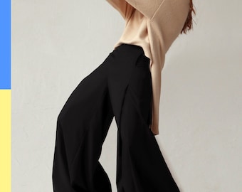 High Waisted Wool Palazzo Pants: Black Pleated Wide Leg Trousers