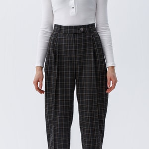 Pleated high waist plaid pants women, Check tapered pants, Wool custom pants