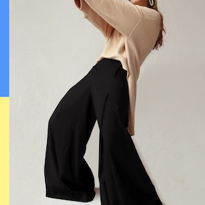 Palazzo pants women, High waisted pants, Black pleated pants, Custom made pants, Plus size wide leg pants wool