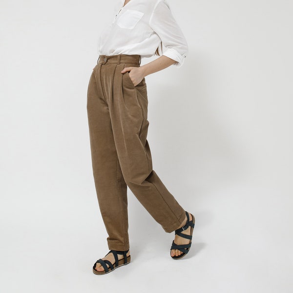 Brown tapered pleated corduroy high waisted pants, Velvet pants, Corduroy trousers women IPANTS BA30051