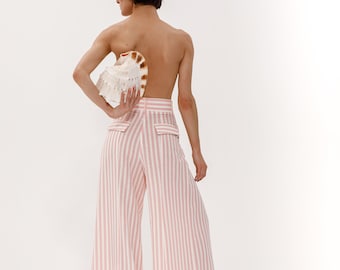 Gestreifte Leinenhose Damen | Hohe Taille Hose mit weitem Bein | Rosa und Weiße Palazzohose | Sommer Urlaub Strand Outfit