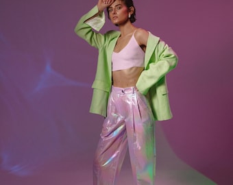 Pink Holographische Bananen Hose | Schillernde Hose mit hoher Taille | Metallic Slouchy Festival Hose | Glänzende Pastel Y2K Tapered Pants Frauen