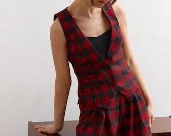 Red Plaid Suit Women, Tartan Suit Set, Wide Leg Trousers, Tailored Vest Top, High Waisted Plaid Pants, 2 Piece Set, Plaid Palazzo Pants