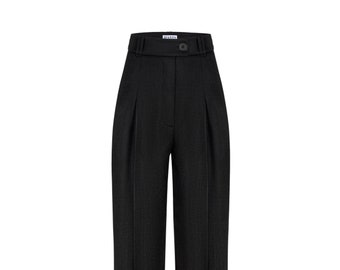 High Waist Wool Trousers: Custom Pleated Straight Fit Pants