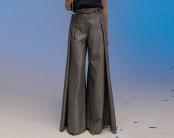 Wool palazzo trousers, Silver wide leg pants, Custom pants