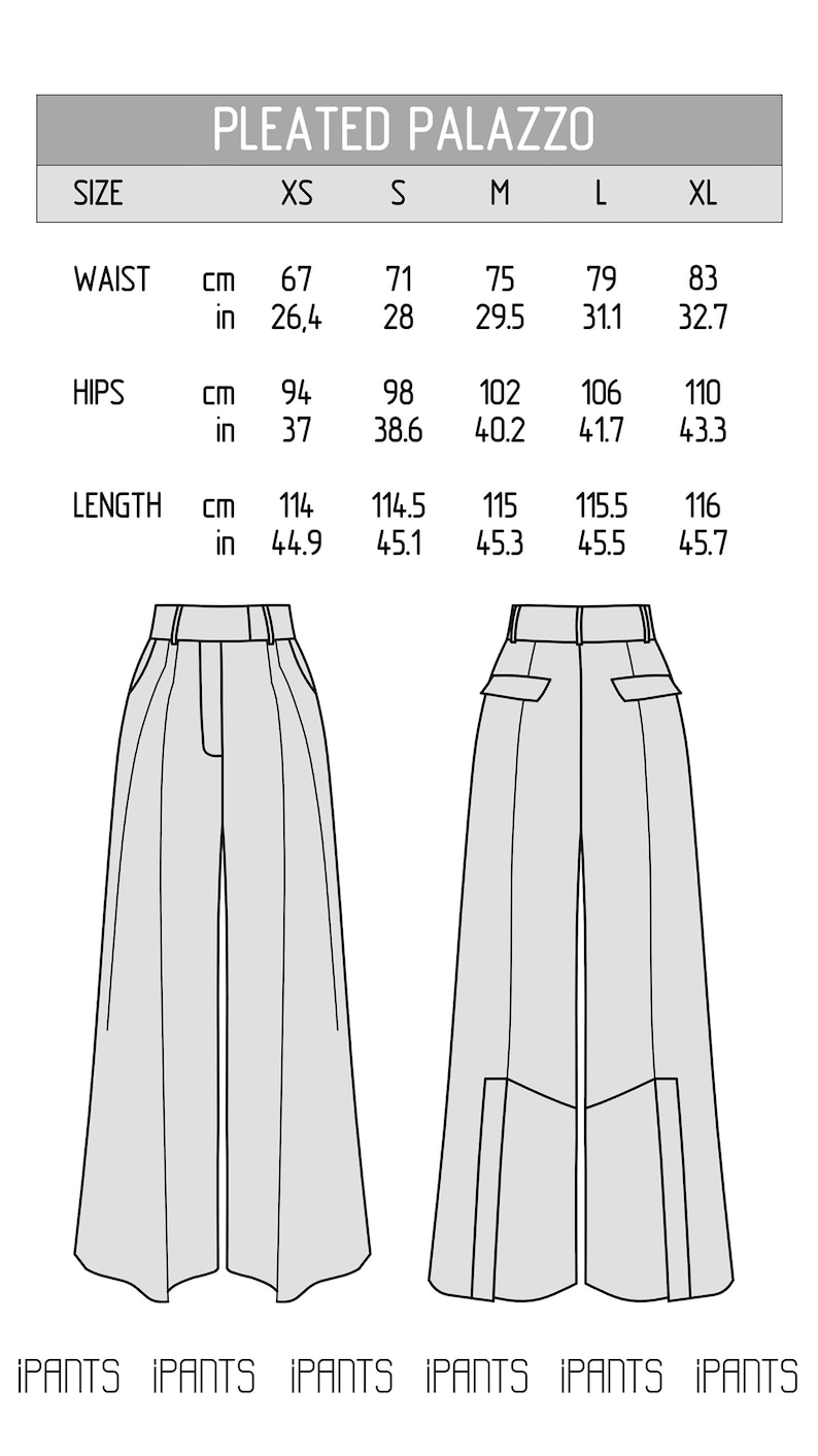 Size chart of pleated palazzo pants