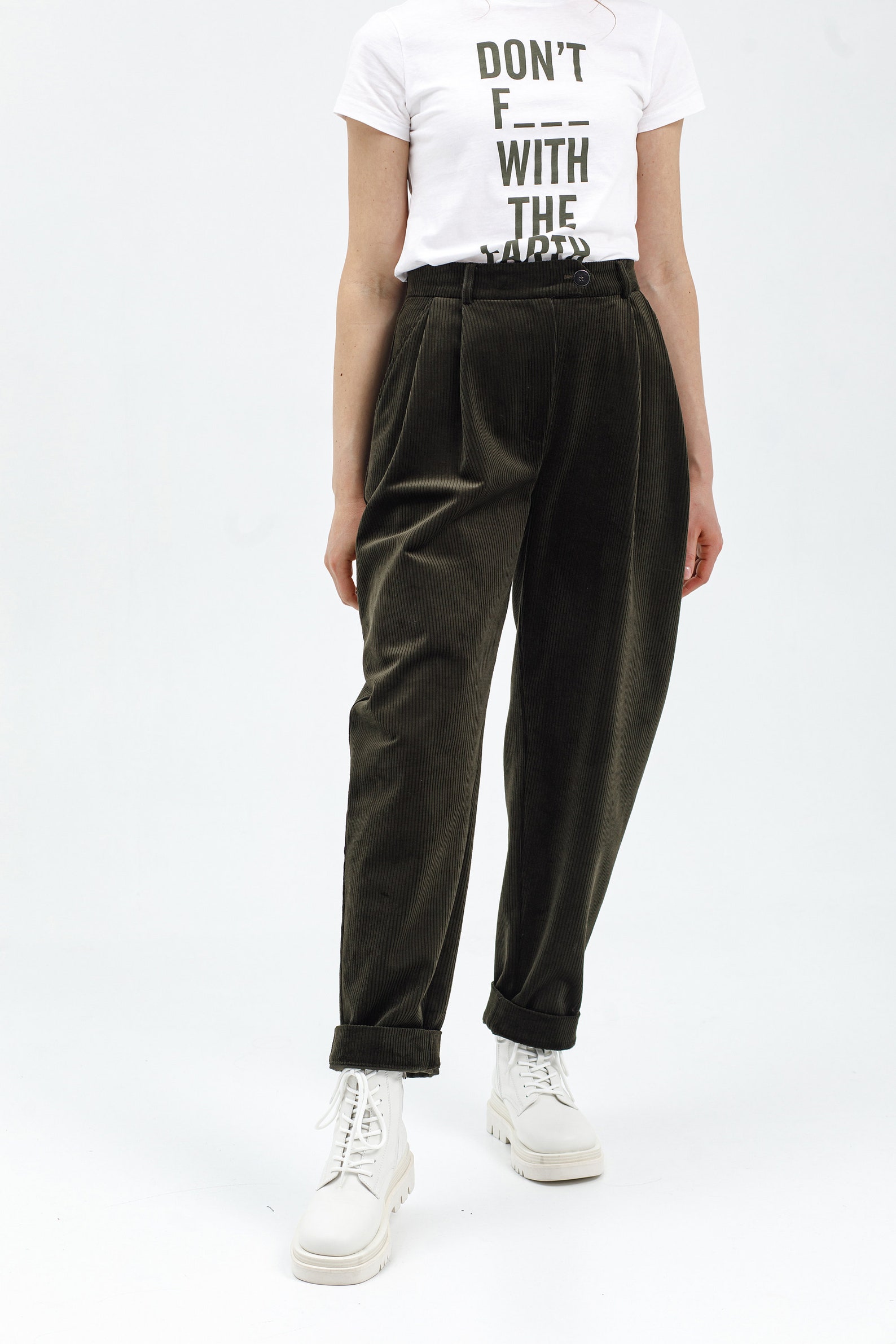 Green Corduroy Pants Women Baggy Pleated Pants Tapered Etsy