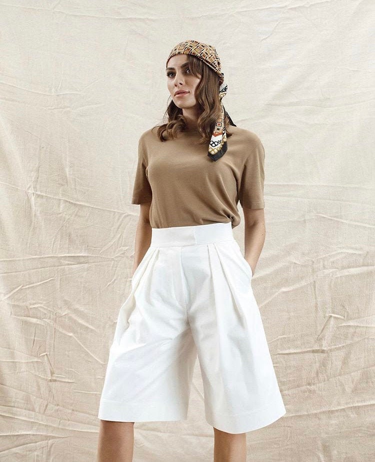 High Waisted Wide Leg Cotton Bermuda 
