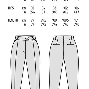 May include: Size chart for pants in XS, S, M, L, and XL sizes. Measurements are listed in inches and centimeters for waist, hips, and length.