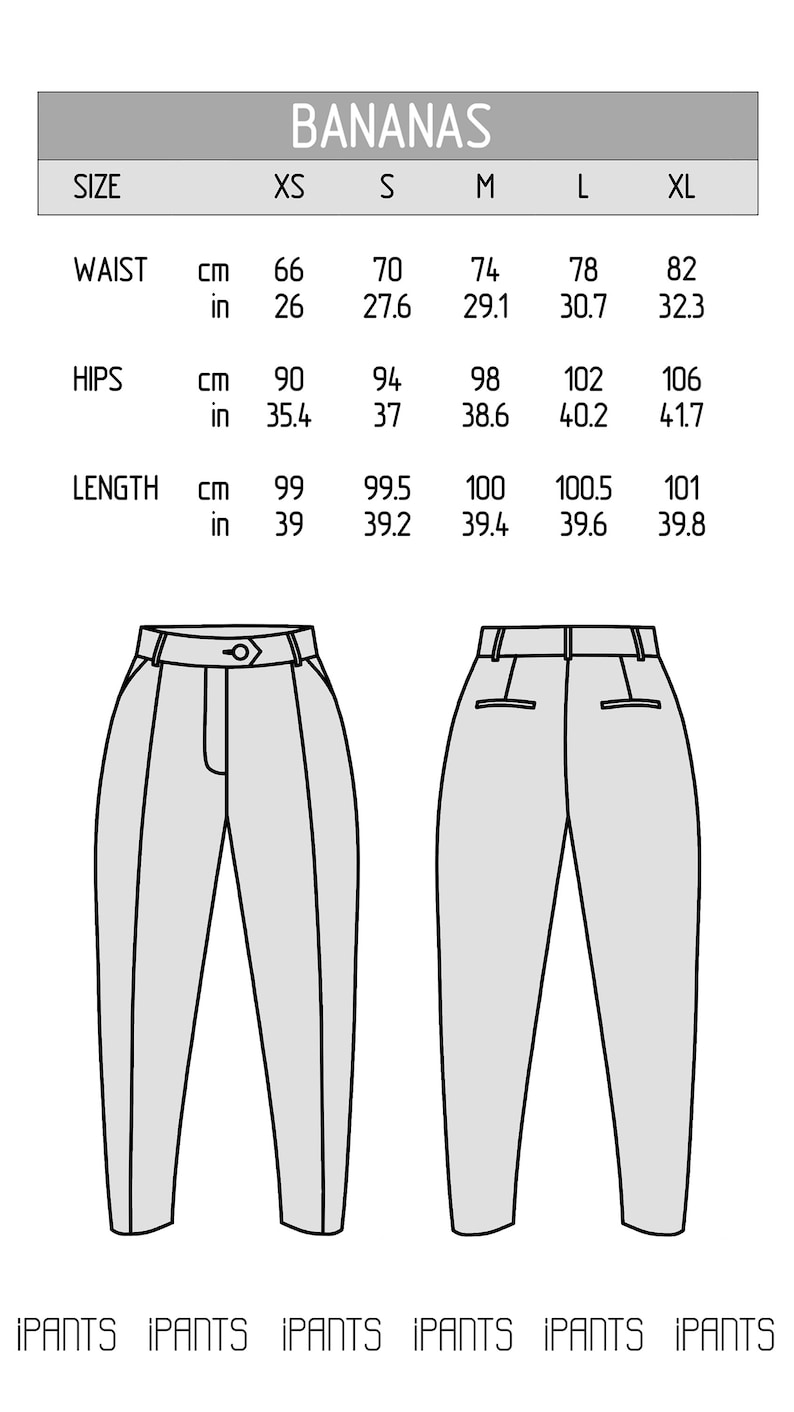 Size chart of pleated pants