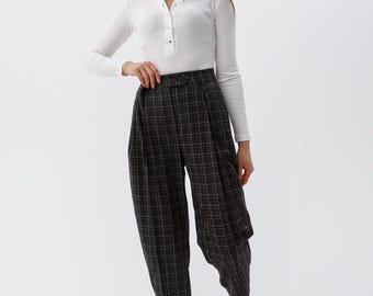 Karierte Wollhose mit hoher Taille, Karierte Karo Hose