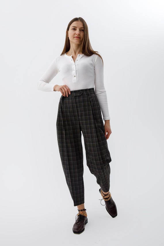 High Waist Plaid Wool Pants, Tapered Checkered Trousers