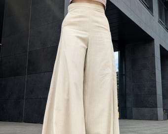 Leinenhose Frauen, hoch taillierte Palazzohose, Sommerhose mit weitem Bein, maßgeschneiderte Hose, altes Geld Chic Outfit, Plus Size Boho Kleidung