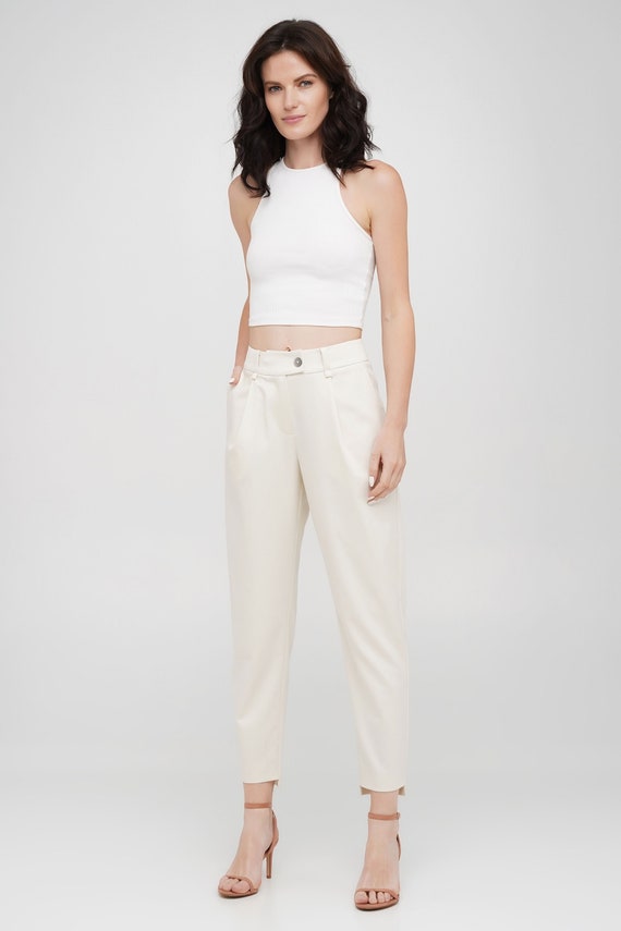 ivory cigarette pants Pleated ivory cotton cigarette pants women
