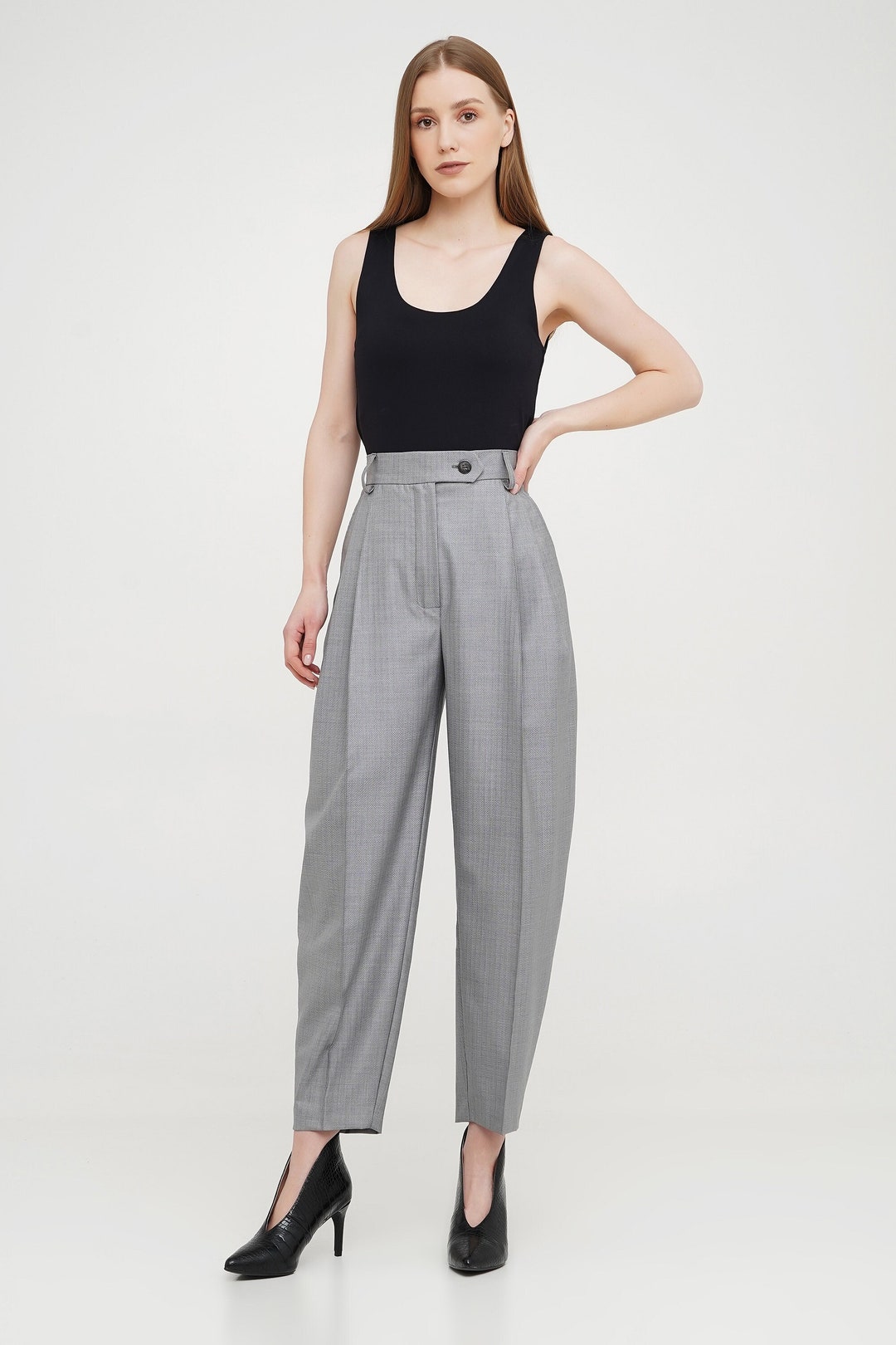 Women's Wool High Waist Pleated Pants, Tapered Pleat Trousers