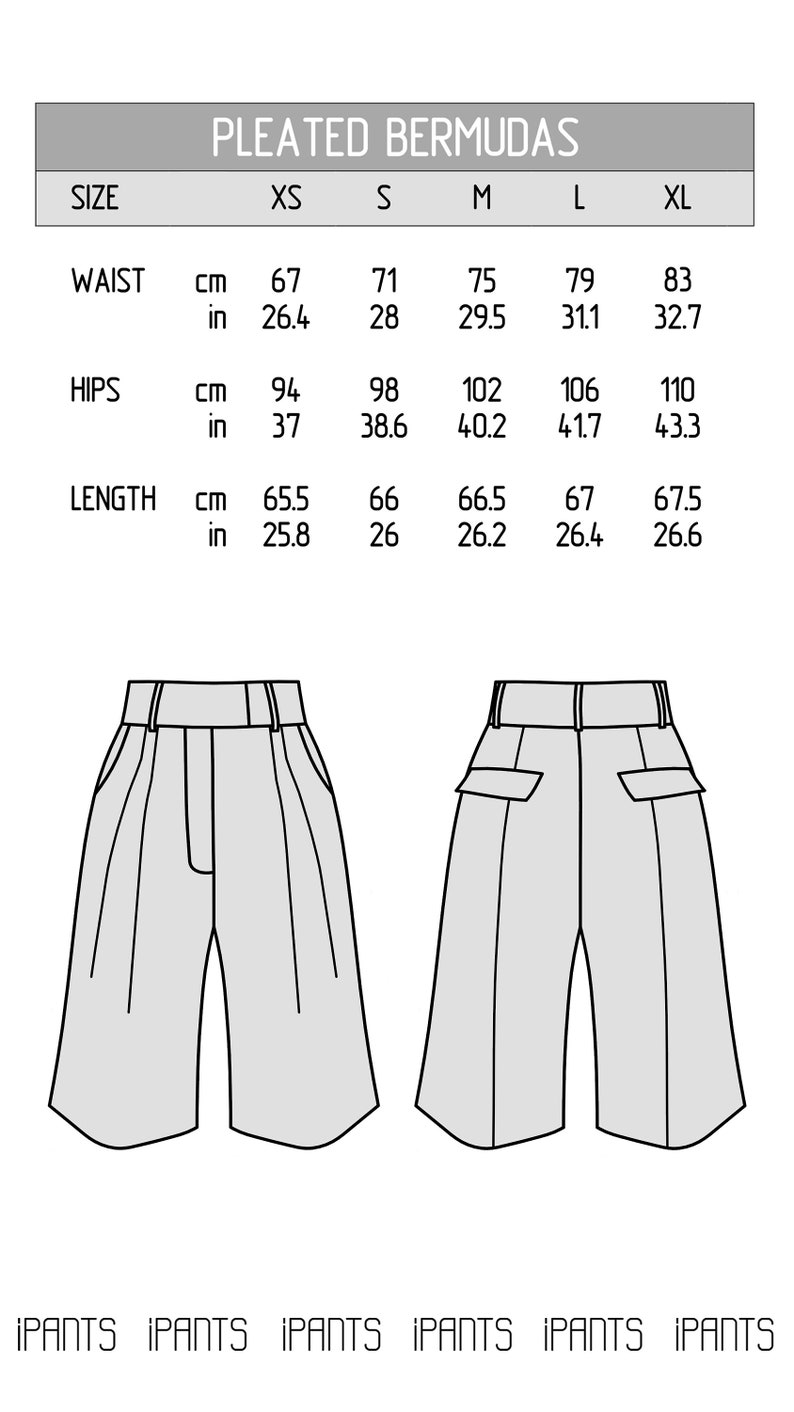 Size chart of pleated Bermudas shorts