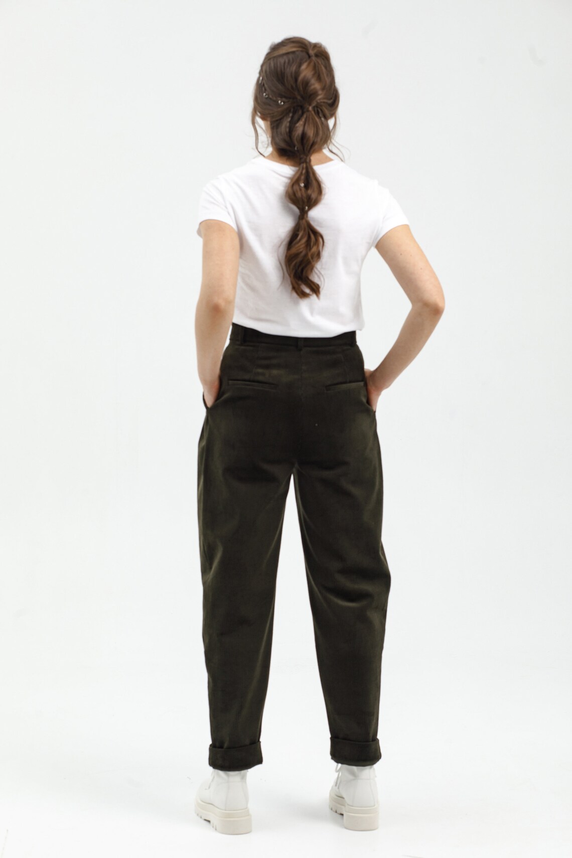 Green Corduroy Pants Women Baggy Pleated Pants Tapered Etsy