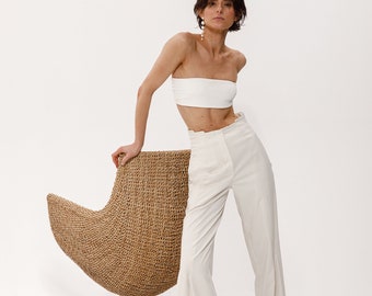 Weiße Schlaghose Frauen mit Frontschlitz, Baumwollhose mit hoher Taille, Maßanfertigung Brauthochzeitshose, Minimalistische Hochzeit