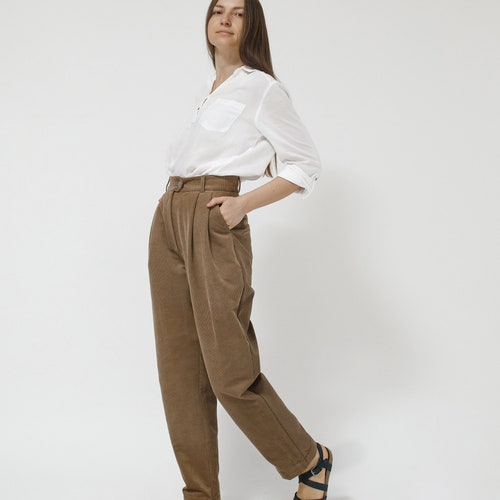 Brown Tapered Pleated Corduroy High Waisted Pants Velvet - Etsy