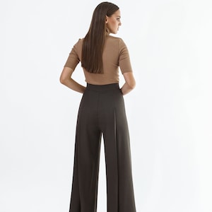 Brown wool palazzo pants/ Custom wide leg pants/ High waist pants/ Minimalist pants image 7