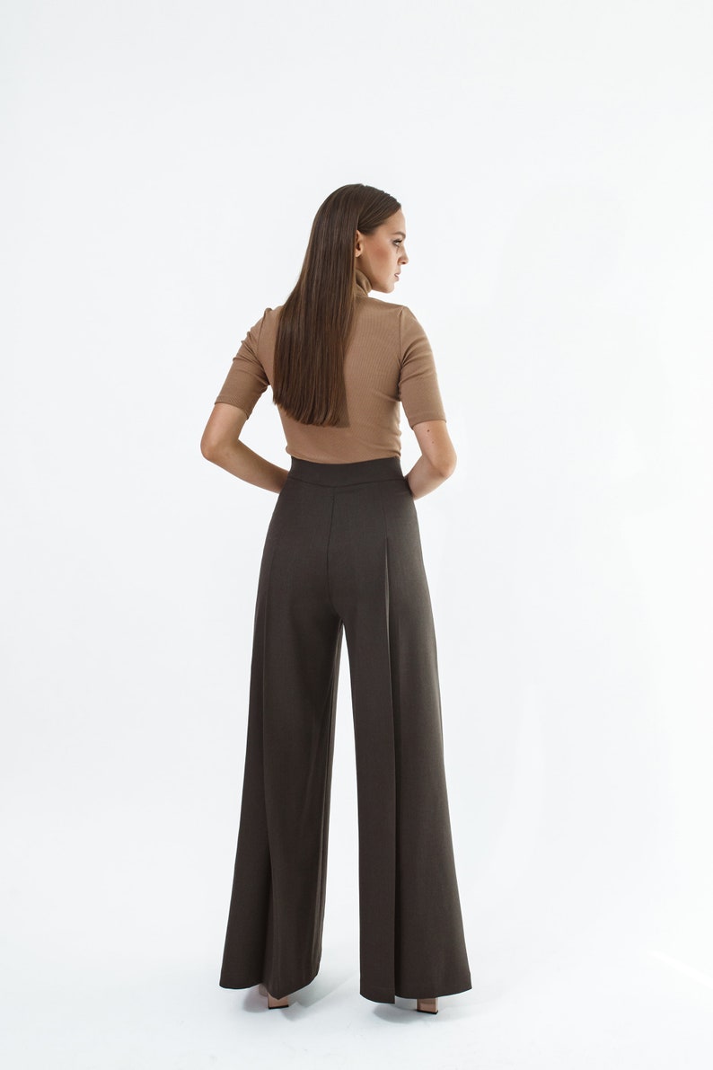 Brown wool palazzo pants/ Custom wide leg pants/ High waist pants/ Minimalist pants image 7