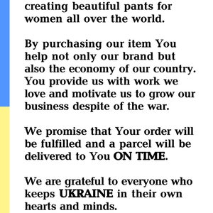 May include: A message of support for Ukraine from a clothing company based in Lviv, Ukraine. The message states that by purchasing their products, customers are helping to support the Ukrainian economy. The message also expresses gratitude to those who support Ukraine.