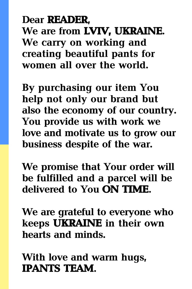 May include: A message of support for Ukraine from a clothing company based in Lviv, Ukraine. The message states that by purchasing their products, customers are helping to support the Ukrainian economy. The message also expresses gratitude to those who support Ukraine.