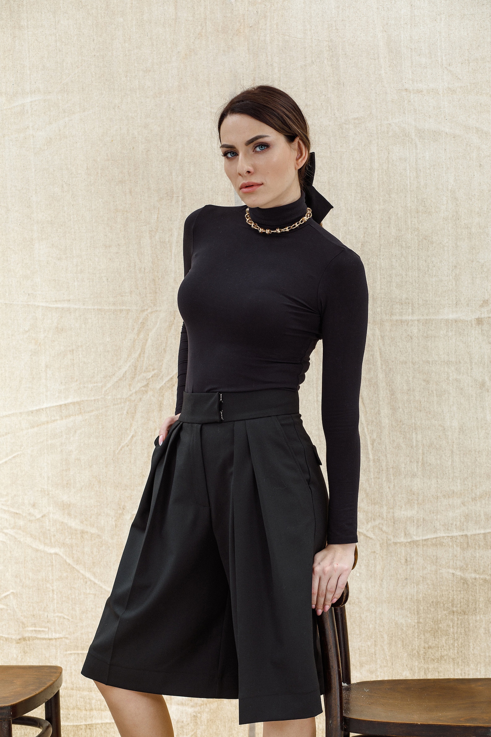 Black bermuda shorts/High waisted women shorts/Pleated Etsy