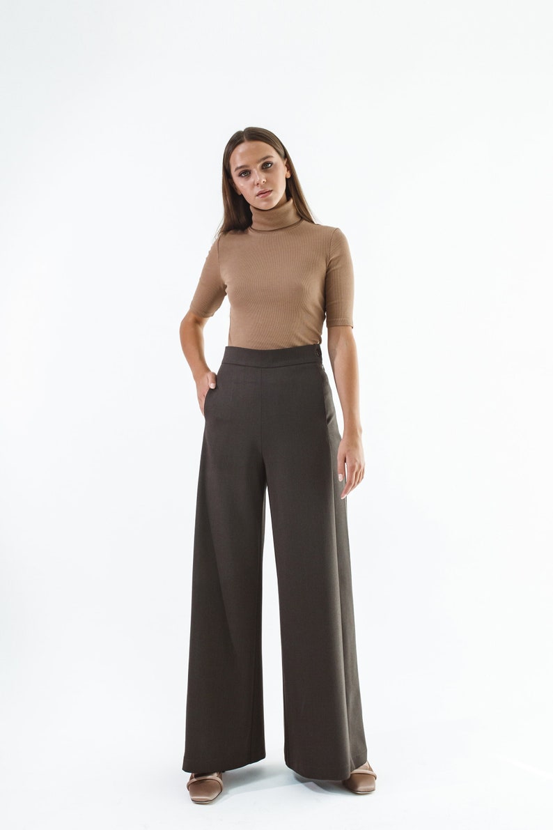 Brown wool palazzo pants/ Custom wide leg pants/ High waist pants/ Minimalist pants image 1