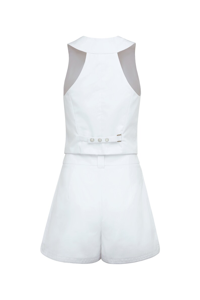 Back side of white cotton cropped vest with buttons