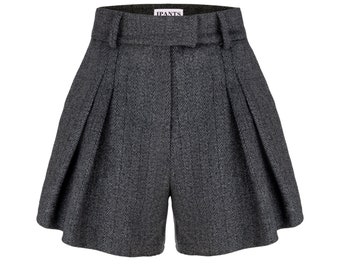 High Waisted Wool Shorts: Gray Tweed Pleated Wide Leg - Etsy