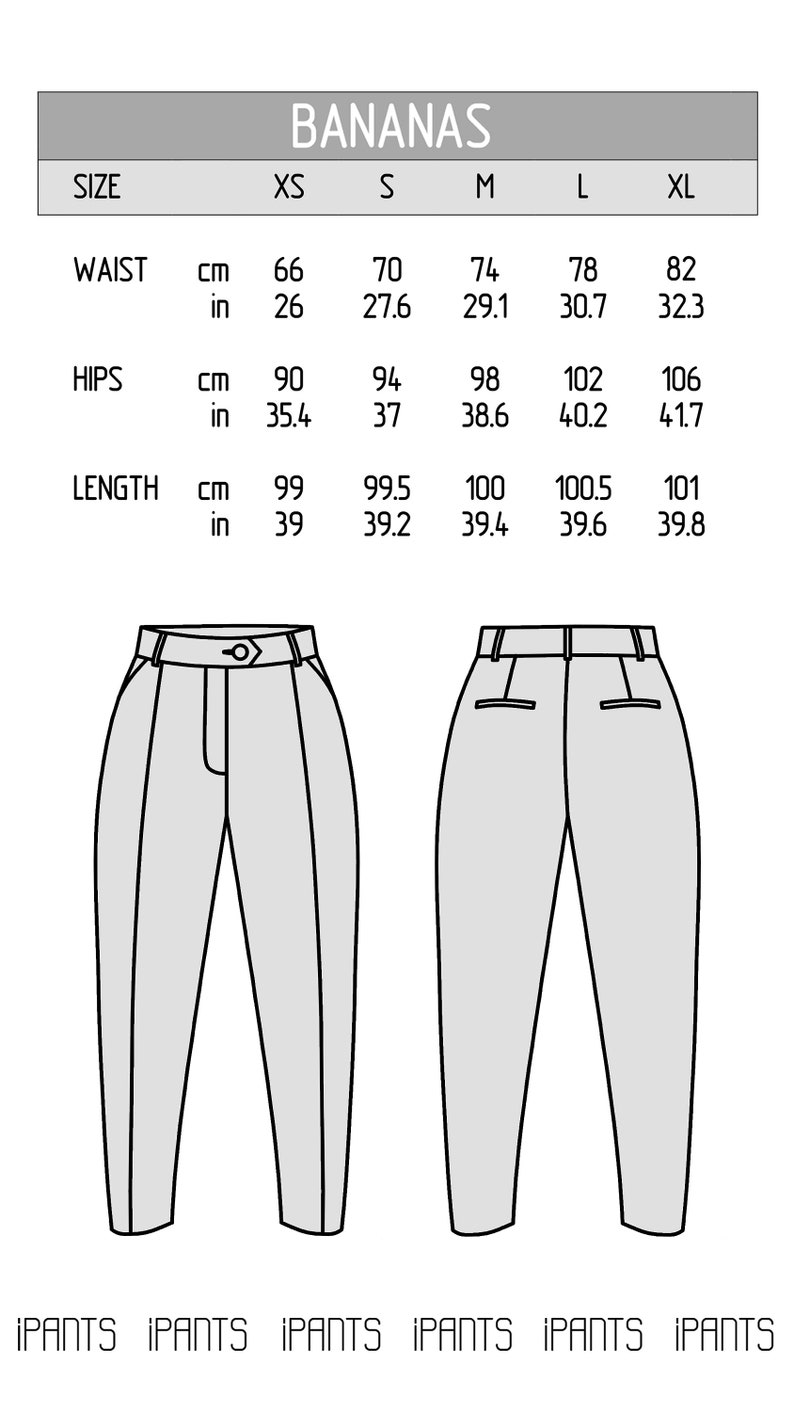 Size chart of women pleated pants