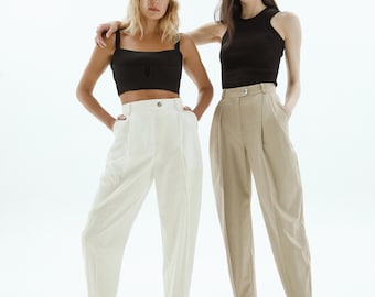 Pleated Banana Pants, Women's High Waist Pants, Beige Pants