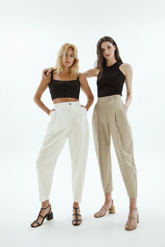 Pleated Banana Pants, Women's High Waist Pants, Beige Pants Pleated Banana Pants, Women's High Waist Pants, Beige Pants