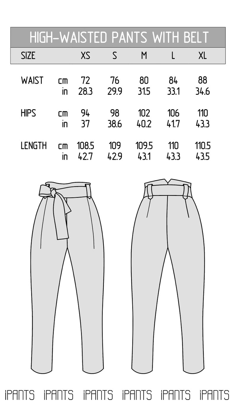 Size chart of High-waisted pants with belt