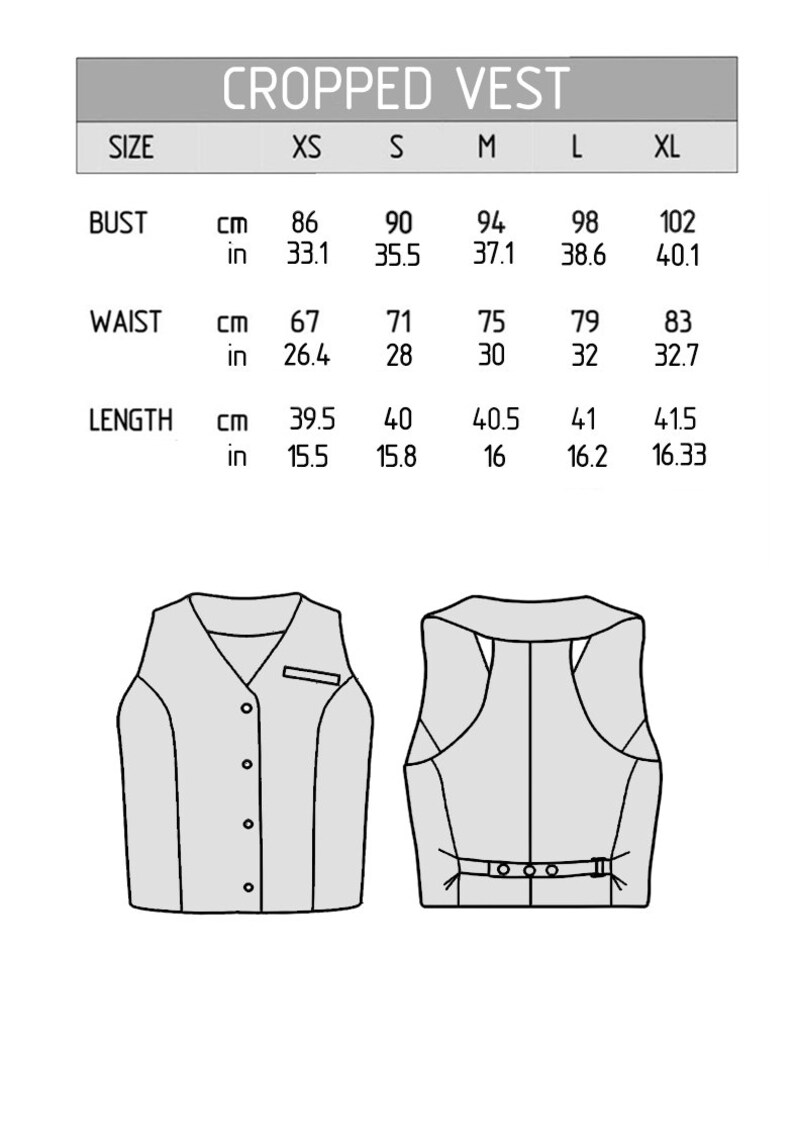 Size chart of Women vest top