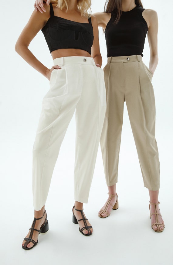 High Waist Pleated Trousers - Beige – Scarlet Clothing