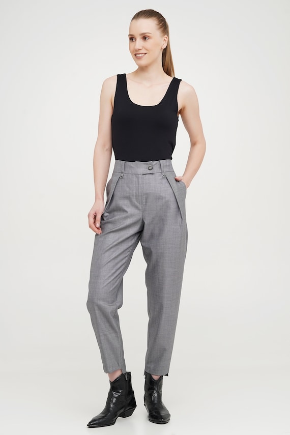 ladies grey cigarette trousers Tapered Pleated Grey Cigarette Pants, Custom Fit