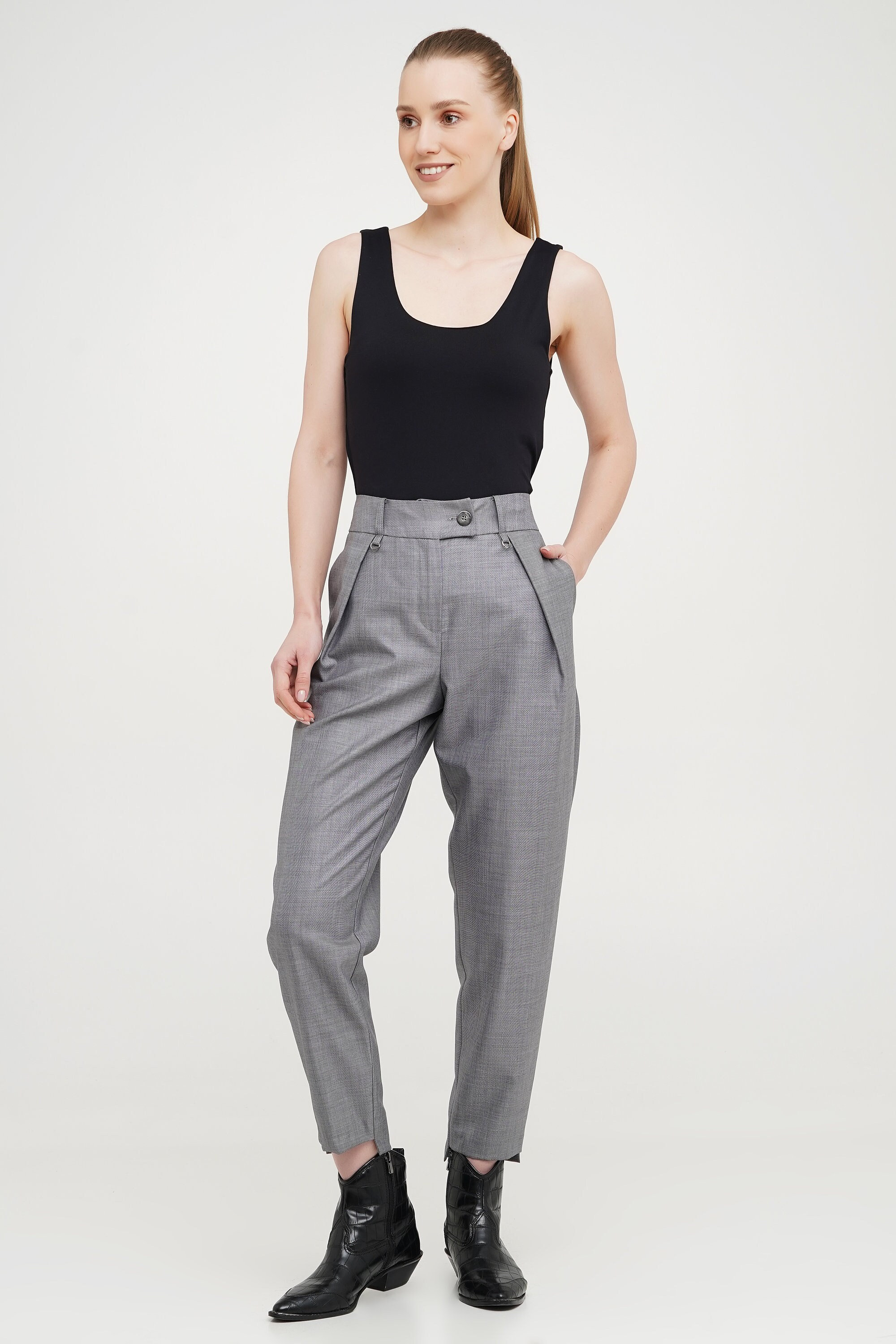 Tapered Pleated Grey Cigarette Pants, Custom Fit