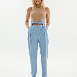 Very soft, comfortable cotton women's trousers with  belt and front pleats
