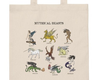 Mythical Beasts Illustrated Tote Bag | Cryptid Tote Bag | Vintage Style Illustration, Minotaur, Mermaid, Harpy, Dragon, Unicorn