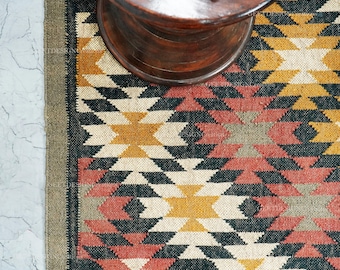 Kilim Area Rug, Bohemian Jute Rug, Handwoven Wool Jute Rug, Traditional Indian Dhurrie, Decorative Floor Carpet, Custom Rug