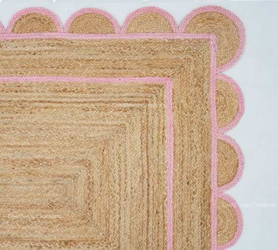 Hand Braided Scallop Jute Rug, Pink Scallop Jute Rug, Bohemian Area Rug, Ecofriendly Natural Jute Rug, Rectangle Scallop Rug, Boho Decor Rug