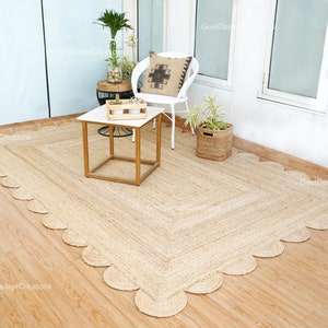 Natural Jute Rug, Jute Scalloped Rug,  Boho Scallop Rug, Natural Jute Area Rug, Braided Jute Rug, Bohemian Home Decor Rug, Custom Size Rug