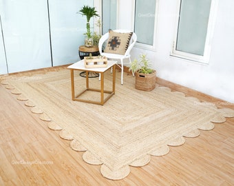 Natural Jute Rug, Jute Scalloped Rug,  Boho Scallop Rug, Natural Jute Area Rug, Braided Jute Rug, Bohemian Home Decor Rug, Custom Size Rug