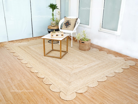 Natural Jute Rug, Jute Scalloped Rug,  Boho Scallop Rug, Natural Jute Area Rug, Braided Jute Rug, Bohemian Home Decor Rug, Custom Size Rug