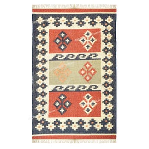 Traditional Indian Area Rug, Handmade Wool Jute Kilim Rug, Indian Dhurrie Rug, Vintage Flatweave Carpet, Wool & Jute Dhurrie, Boho Decor Rug