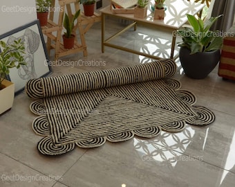 Natural Scalloped Jute Rug, Black & White Scallop Jute Rug,  Bohemian Jute Rug, Braided Jute Rug, Boho Home Decor Rug, Custom Size Jute Rug