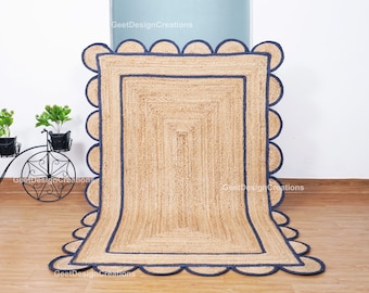 Blue Jute Scalloped Rug, Scalloped Rug, Scalloped Edge Rug,  Boho Scallop Rug, Natural Jute Area Rug, Bohemian Decor Rug, Custom Size Rug,