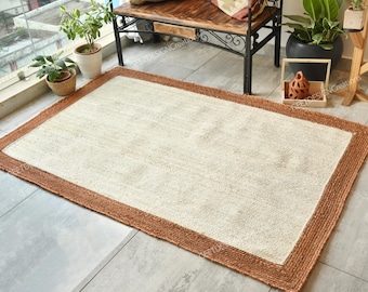 Handwoven Natural Jute Rug, Off-White Jute Rug With Brown Border, Traditional Living Room Decor, Indian Jute Carpet, Bohemian Jute Area Rug